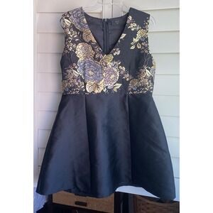 AX Paris Sleeveless Brocade Black Fit & Flare Dress Floral Women 16 metallic